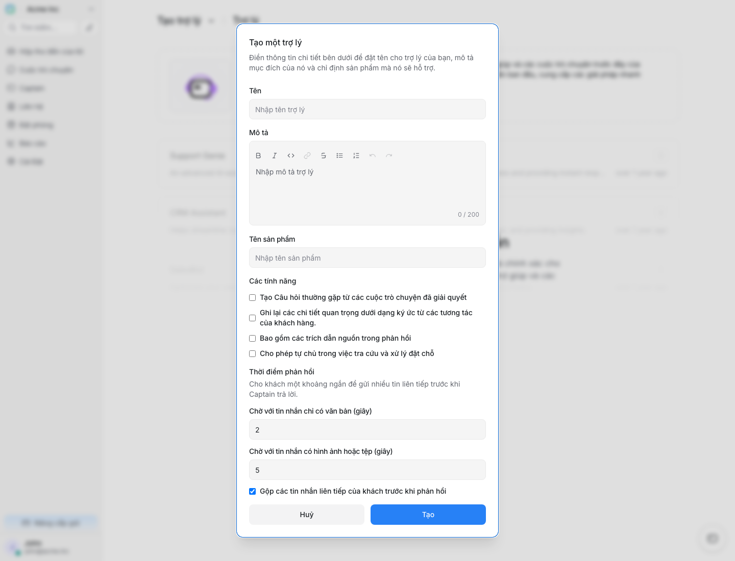 Form tạo trợ lý mới trong Captain của Swich.