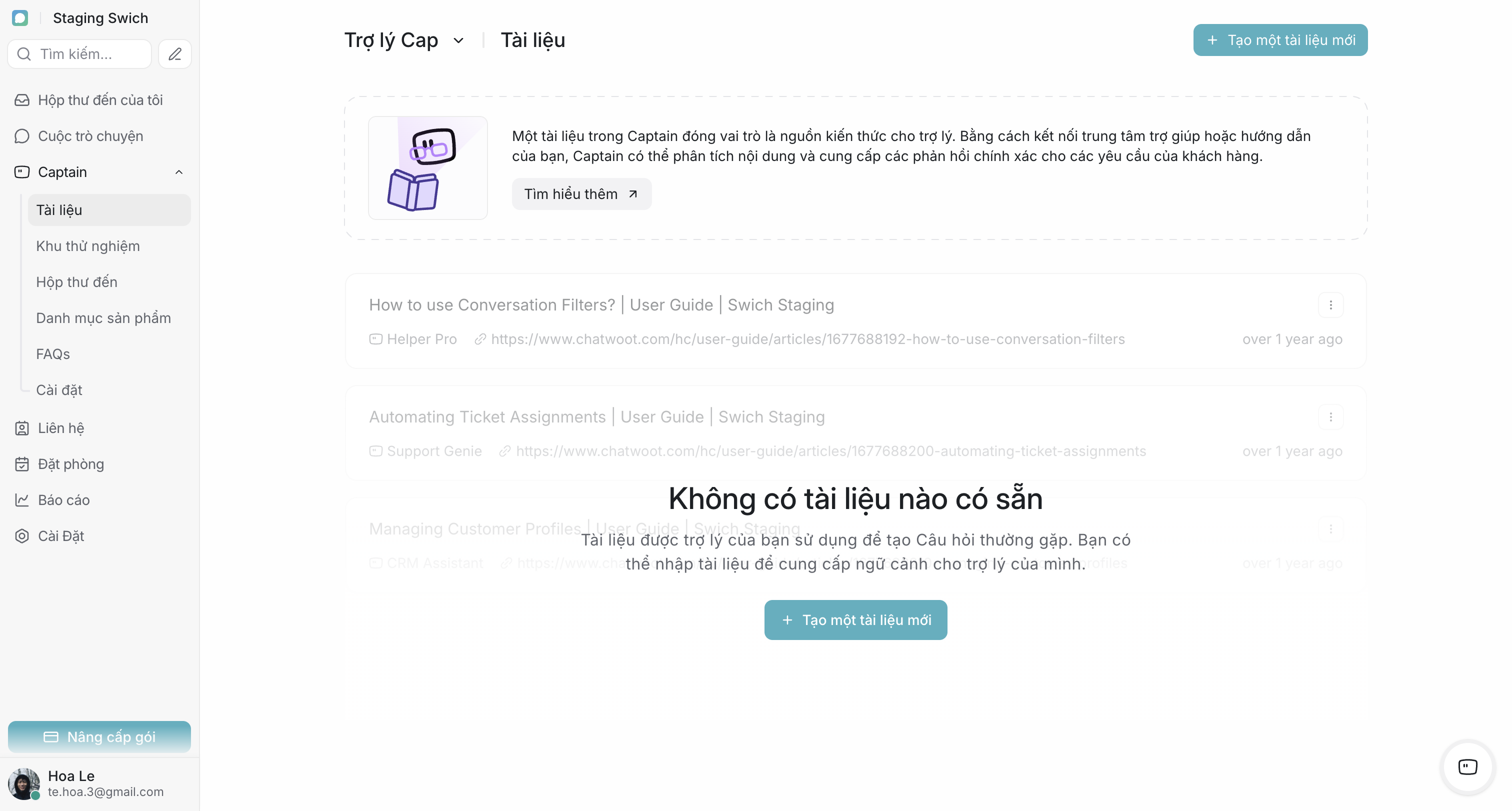 Trang Tài liệu trong Captain dùng để nạp nguồn tri thức cho trợ lý.